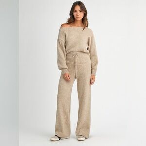 NWOT Mable Oatmeal Knit Lounge Set Off-Shoulder Sweater + Pants